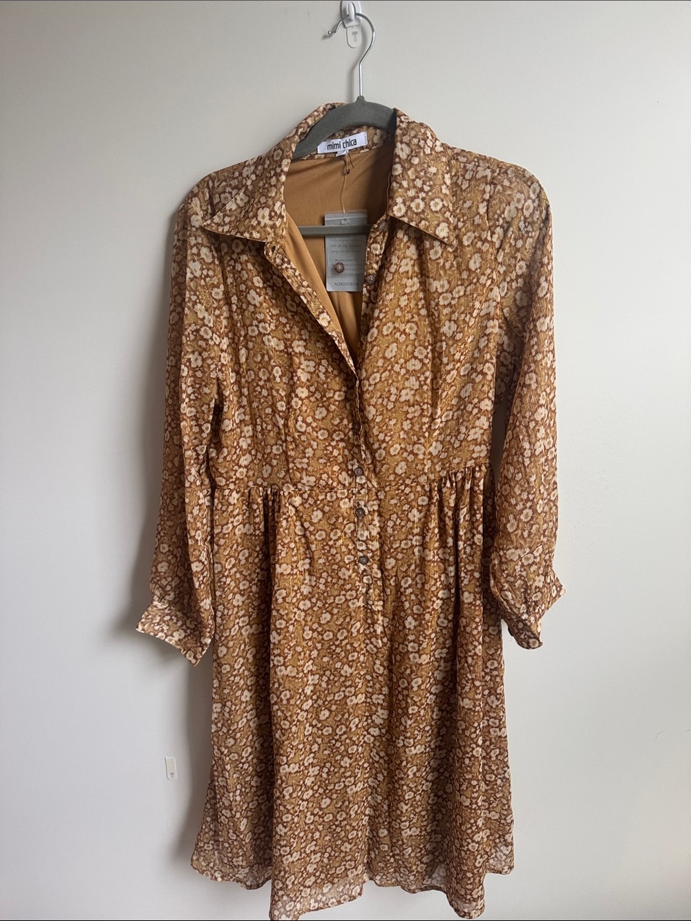 Mimi Chica Mustard Brown Floral Long Sleeve Shirt Dress